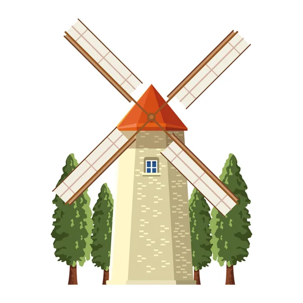 Conception du moulin à vent et des arbres — Image vectorielle
