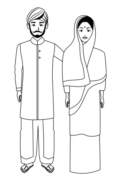 Personaje de dibujos animados avatar familia india en blanco y negro — Vector de stock