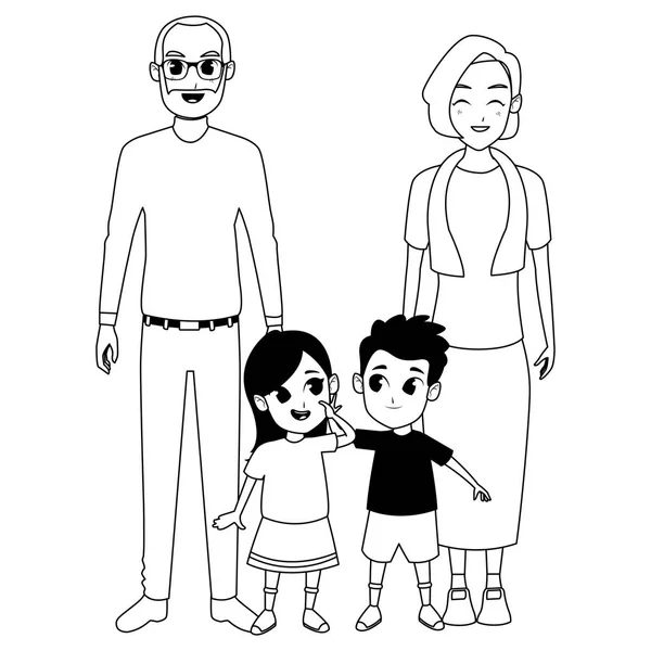 Abuelos y nietos de la familia dibujos animados en blanco y negro — Archivo Imágenes Vectoriales