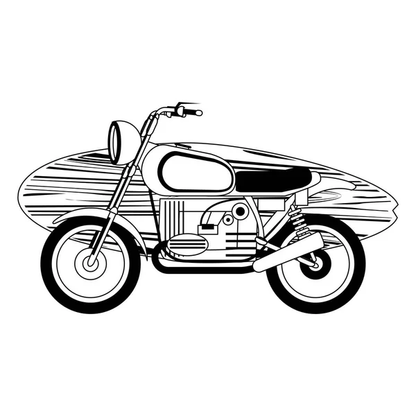 Vintage motorcycle with surf tables cartoon in black and white — Stock Vector