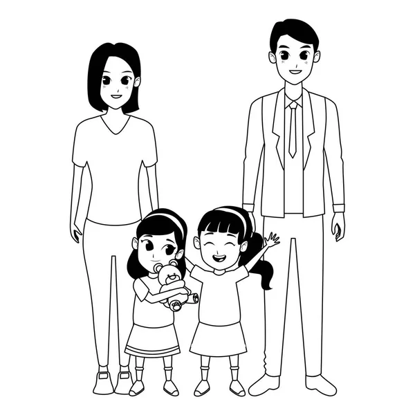 白黒の家族の両親と子供の漫画 — ストックベクタ