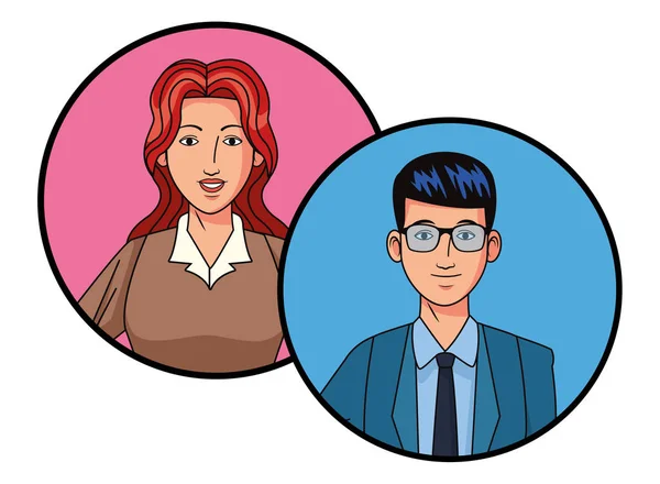 Imagen de perfil avatar pareja de negocios en iconos redondos — Vector de stock