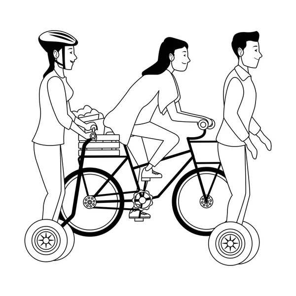 Personnes sur vélos et scooters électriques en noir et blanc — Image vectorielle