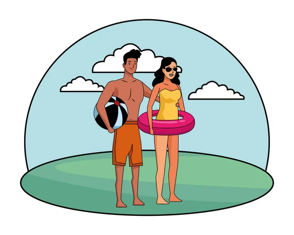 Young couple enjoying summer cartoons — Stock Vector