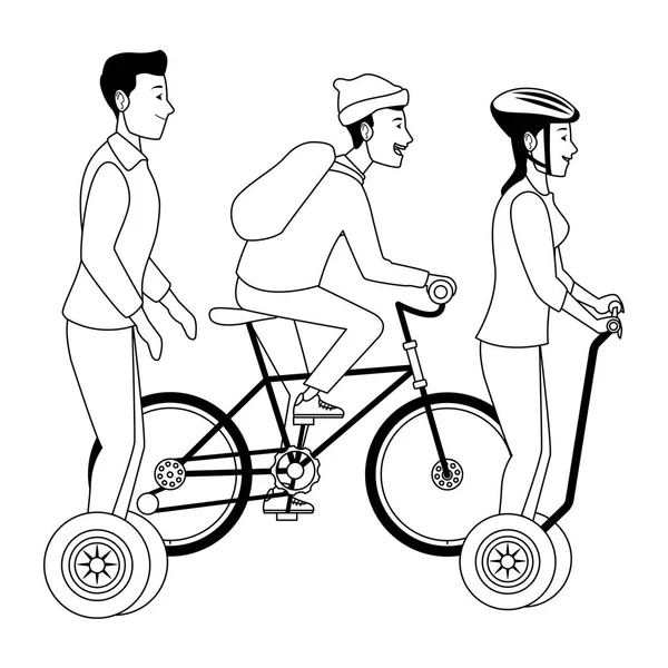 Personnes sur vélos et scooters électriques en noir et blanc — Image vectorielle