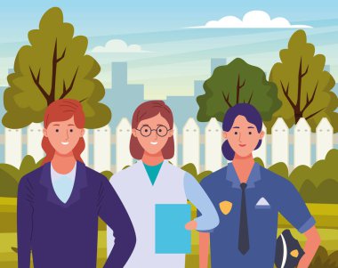 Profesyoneller işçi karakterleri çizgi film gülümseyen