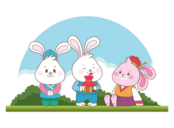 Conejos celebrando dibujos animados del festival de mediados de otoño — Vector de stock