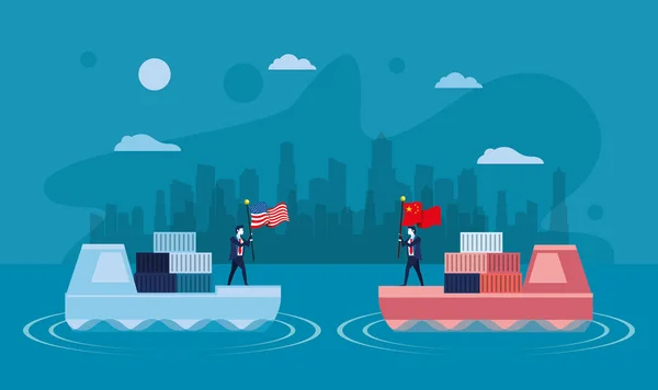 Navi mercantili con uomini d'affari e bandiere Cina e Stati Uniti — Vettoriale Stock