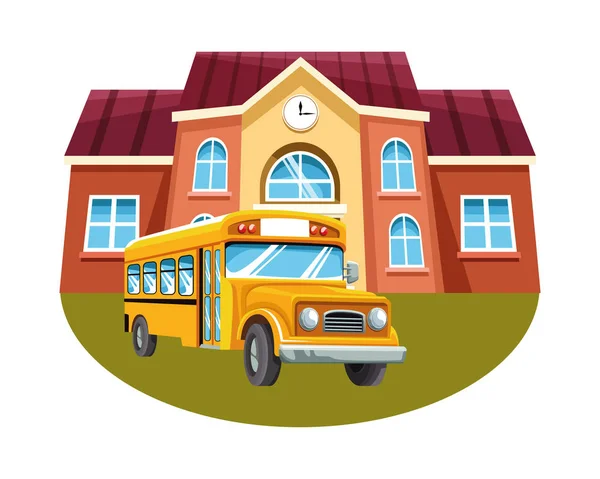 Iskolaépület és buszos rajzfilm elszigetelt — Stock Vector
