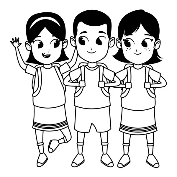 Niños lindo escuela estudiantes dibujos animados en blanco y negro — Vector de stock