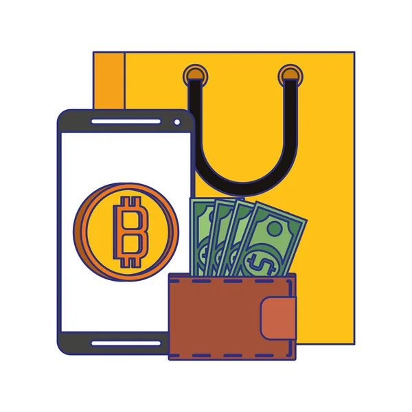 Bitcoin криптовалюта цифрові гроші символи сині лінії — стоковий вектор