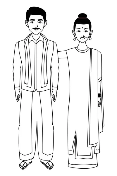 印度 家庭 头像 卡通 人物 在 黑色和白色 — 图库矢量图片