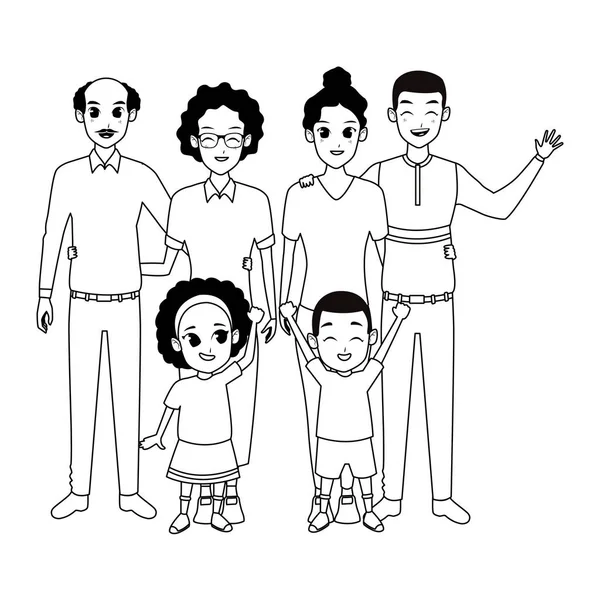 Parents de famille et enfants dessins animés en noir et blanc — Image vectorielle