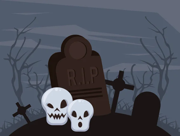 Halloween dark scene with skull in cemetery — Stock Vector