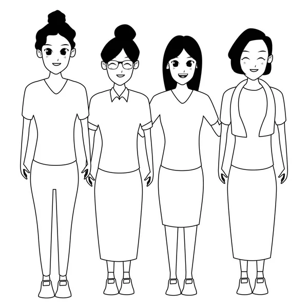 Rodinné staré matky s dospělými dcerami karikatury v černobílé — Stockový vektor