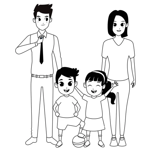 Família pais e crianças desenhos animados em preto e branco — Vetor de Stock