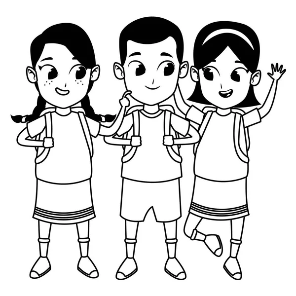 Infância bonito escola estudantes desenhos animados em preto e branco — Vetor de Stock