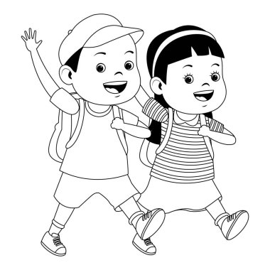 Siyah beyaz sırt çantaları ile gülümseyen okul çocukları