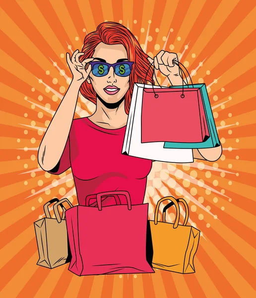 Mulher com saco de compras design vetorial retro —  Vetores de Stock