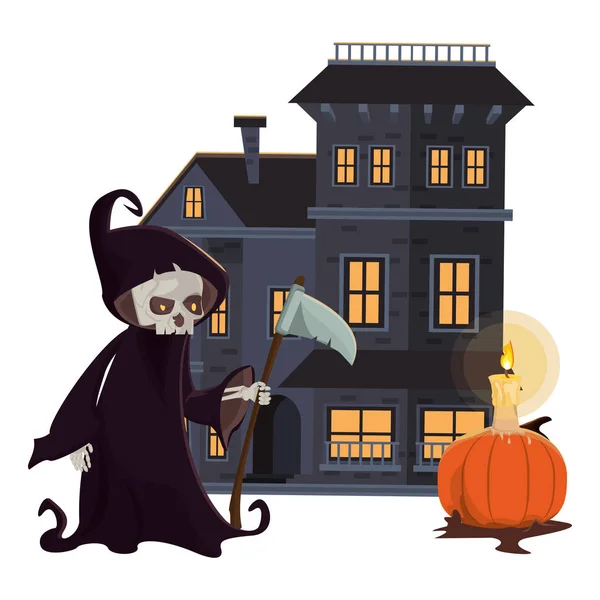 Halloween oscuro palazzo infestato con costume da morte — Vettoriale Stock