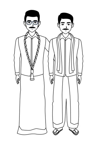 Uomini indiani avatar personaggio dei cartoni animati in bianco e nero — Vettoriale Stock