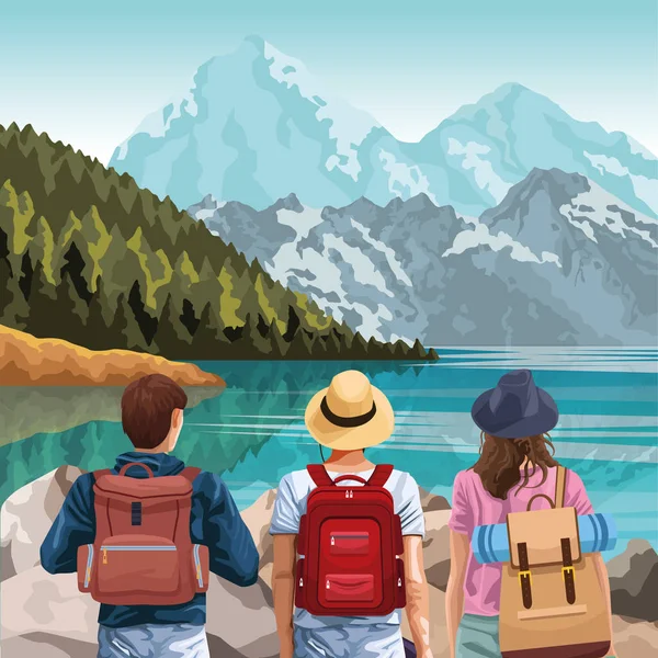 Beau paysage de lac et de montagnes avec des voyageurs avec des sacs à dos — Image vectorielle
