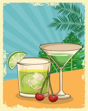 Tropikal yapraklar üzerinde tropikal martini ve kokteyl retro tarzı arka plan, düz tasarım.