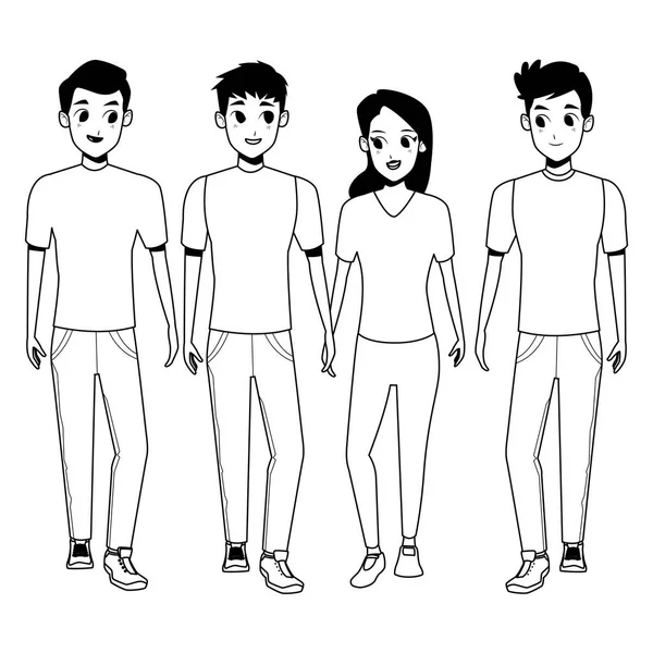 Jóvenes amigos sonriendo con caricaturas de ropa casual en blanco y negro — Vector de stock