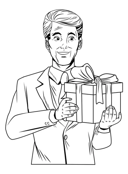 Homem avatar com caixa de presente em preto e branco pop art —  Vetores de Stock