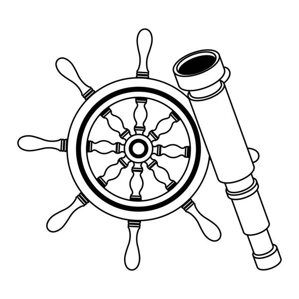 Штурвал и телескоп морской навигации — стоковый вектор