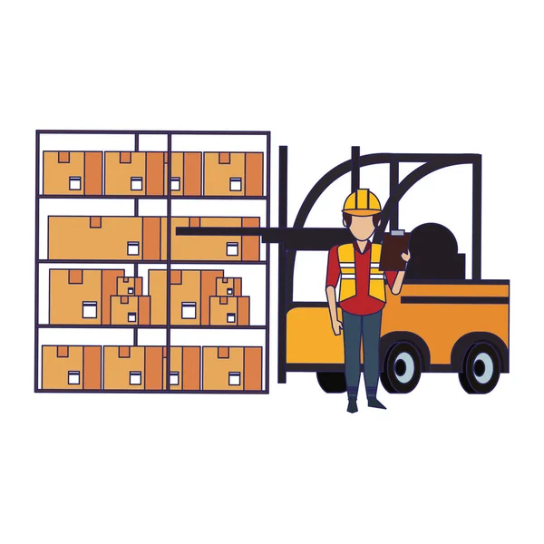 Entrepôt travailleur logistique emploi concept lignes bleues — Image vectorielle