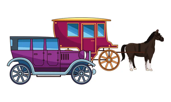 Vehículos de coches clásicos y coches de caballos — Vector de stock