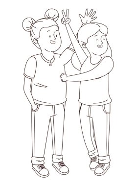 Gençler arkadaşlar gülümseyen ve siyah beyaz eğlenceli karikatür sahip