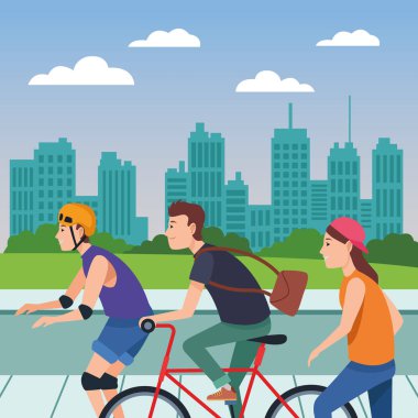 Sakteboard, paten ve bisiklet ile genç peple