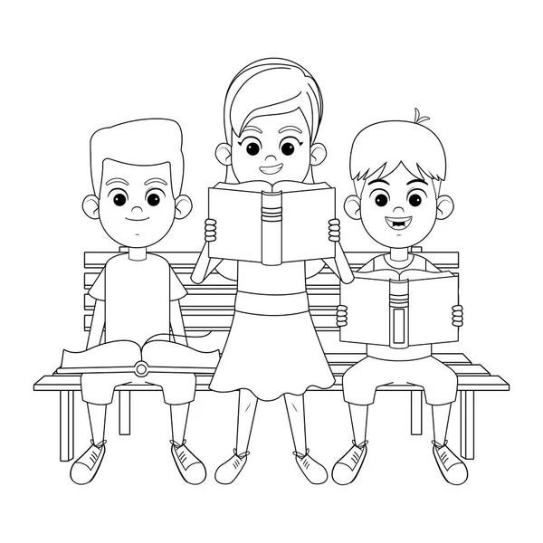 Niños pequeños con libros en un banco blanco y negro — Vector de stock