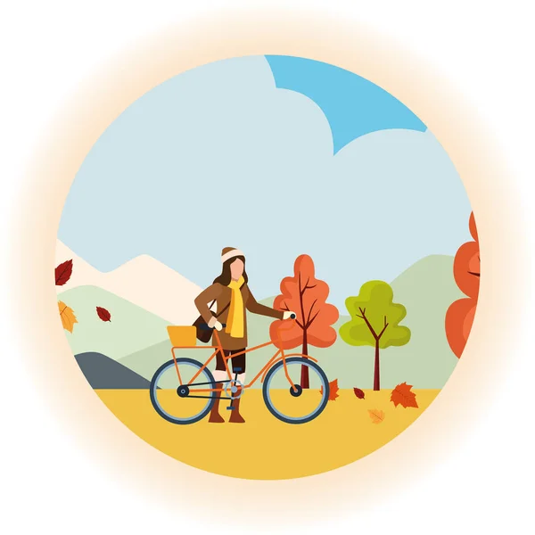 Hola temporada de otoño con chica y bicicleta en el campo — Vector de stock