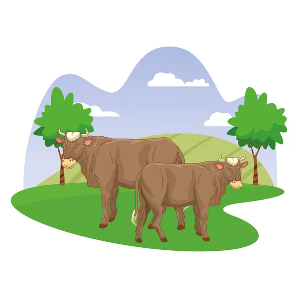 Two cows in nature scenery cartoon — Stock Vector
