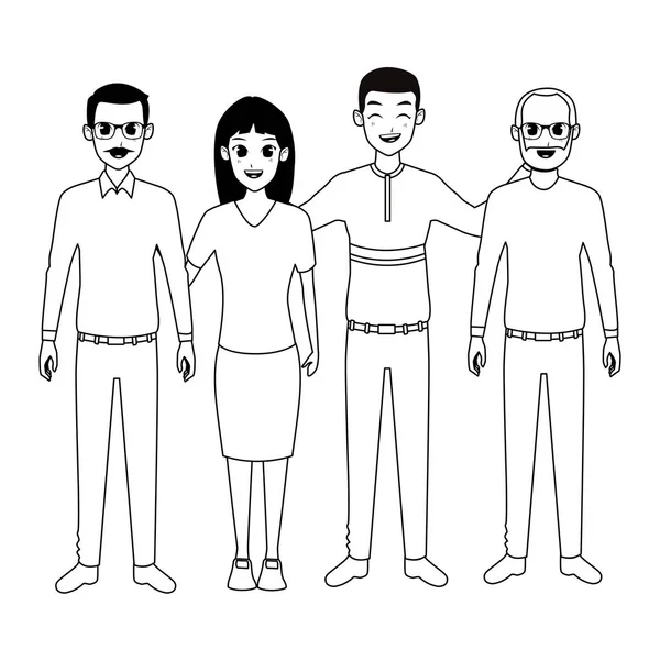 Starzy ojcowie rodziny z dorosłą córką i afro syn kreskówki w czerni i bieli — Wektor stockowy