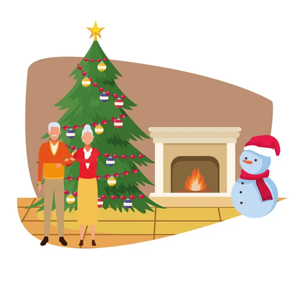Gammalt par står bredvid julgran och snögubbe — Stock vektor