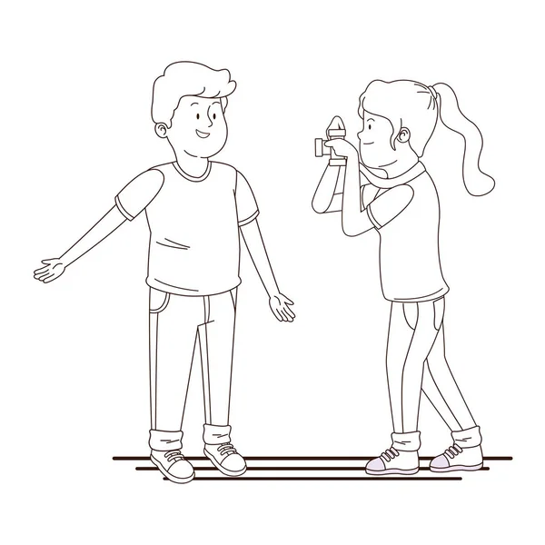 Teenageři se usmívají a baví se v černobílých kreslených pohádích — Stockový vektor