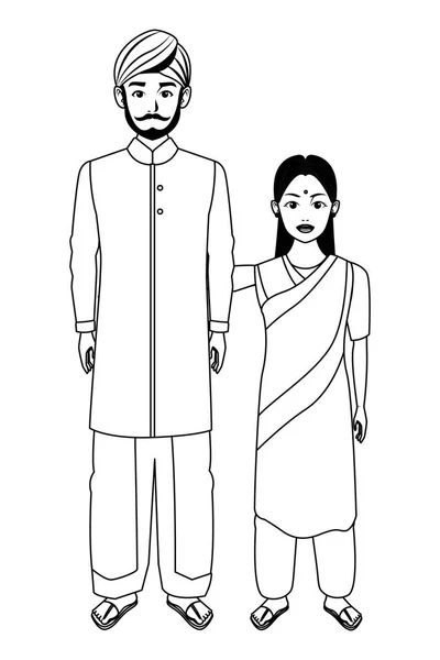 Indische Familie Avatar Cartoon-Figur in schwarz und weiß — Stockvektor