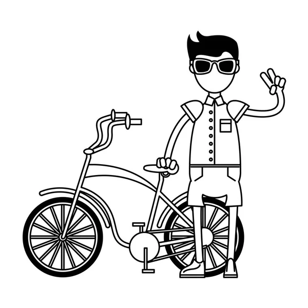 Vintage bicycle and tourist boy in black and white — Stock Vector