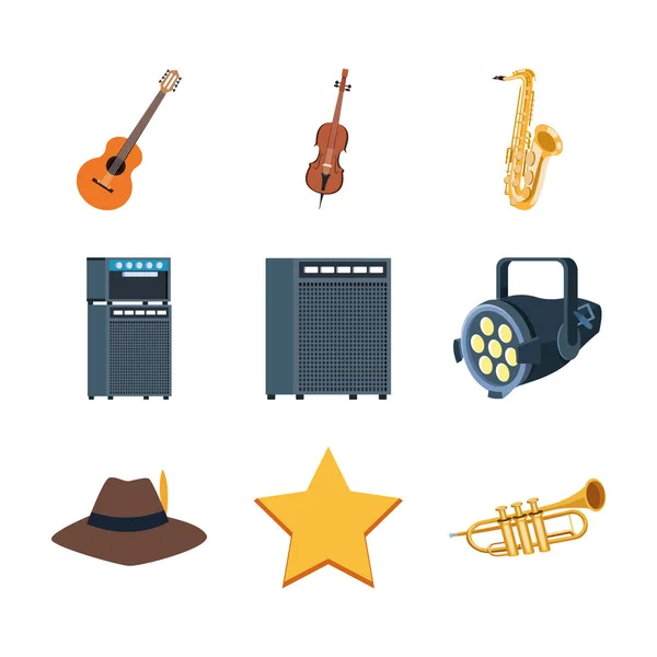 Sada jazzových nástrojů a jevištních zařízení — Stockový vektor