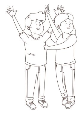 Gençler arkadaşlar gülümseyen ve siyah beyaz eğlenceli karikatür sahip