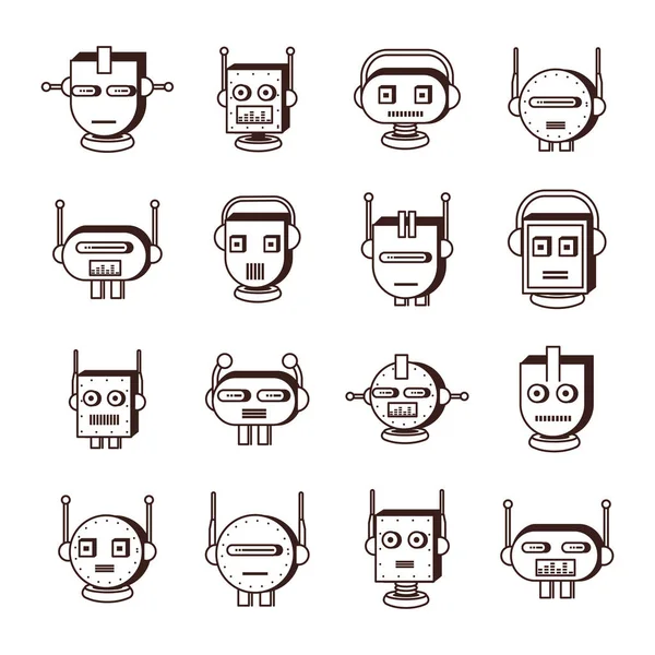 Paquete de robots cabezas tecnología establecer iconos — Vector de stock