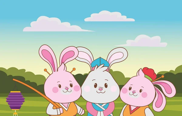 Conigli che celebrano i cartoni animati del festival di metà autunno — Vettoriale Stock