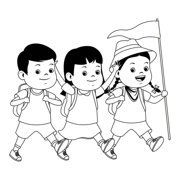 Детские и летние лагерные мультики в черно-белом цвете — стоковый вектор