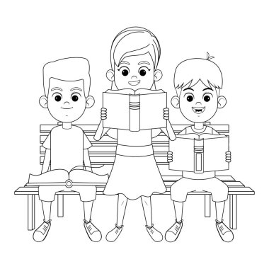 Kitapları olan genç çocuklar siyah beyaz bankta