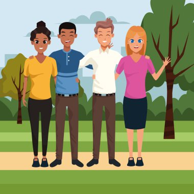 Çizgi film arkadaşları parkta dikiliyor.