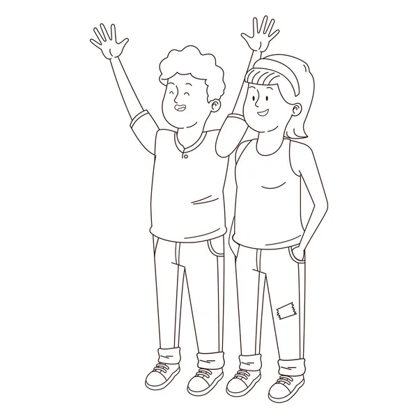 Adolescentes amigos sonriendo y saludando en blanco y negro — Vector de stock